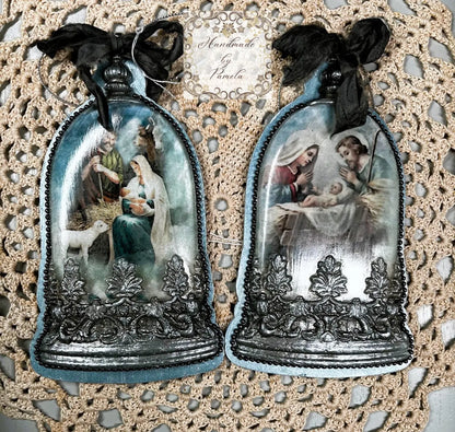 Handcrafted, Laser Cut MDF, Decoupage Cloche Resin Casted Ornament Sets, Birds, Peacock, Holy Family Handmade by Pamela
