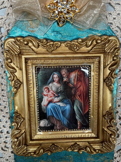Handcrafted, laser cut MDF, Christmas Tag, Ornament, Vintage Style, Nativity, Holy Family, Turquoise, Gold Handmade by Pamela