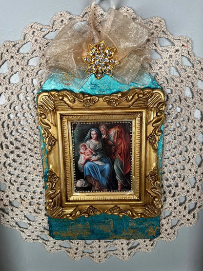Handcrafted, laser cut MDF, Christmas Tag, Ornament, Vintage Style, Nativity, Holy Family, Turquoise, Gold Handmade by Pamela