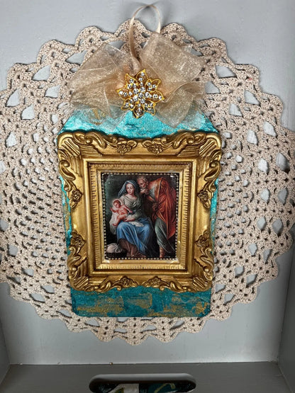 Handcrafted, laser cut MDF, Christmas Tag, Ornament, Vintage Style, Nativity, Holy Family, Turquoise, Gold Handmade by Pamela