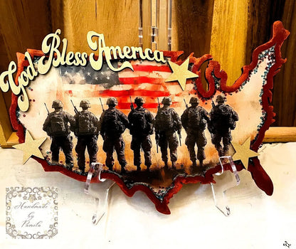 Handcrafted, Laser Cut, America, USA Flag, Soldiers, Panel, Plaque, Wall Art, Patriotic, Decoupage, Mixed Media, July 4th, God Bless America Handmade by Pamela