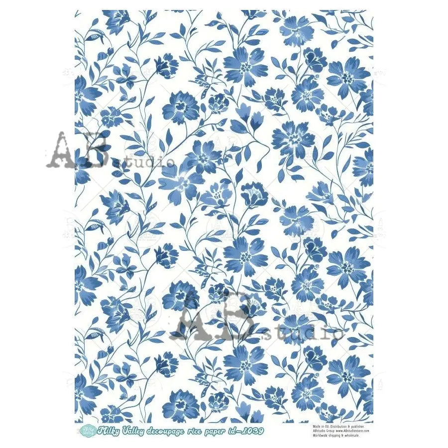 AB Studio, Rice Paper, Blue, White, Flowers, Milky Valley, ID-1039, Background, A4 8.27 X 11.69, Decoupage, Mixed Media AB Studio