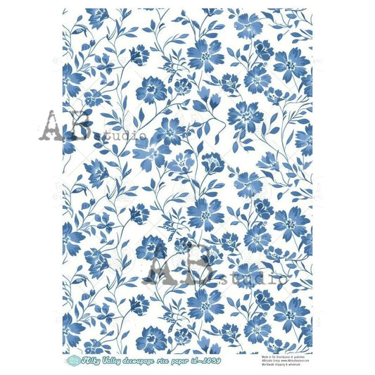 AB Studio, Rice Paper, Blue, White, Flowers, Milky Valley, ID-1039, Background, A4 8.27 X 11.69, Decoupage, Mixed Media AB Studio