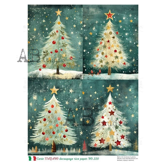 AB Studio, Rice Paper, Christmas Trees, Carte Italiano, Water Color, Holiday Decoration, NO-220, A4 8.27 x 11.69, Mixed Media, Decoupage