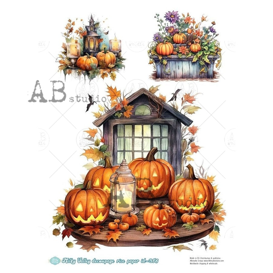 AB Studio, Rice Paper, Milky Valley, Halloween, Pumpkins, Decorations, Fall, ID-356 A4 8.27 x 11.69, Mixed Media, Decoupage