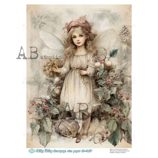 AB Studio, Rice Paper, Milky Valley, Christmas, Fairy, Angel, Girl, Shabby Chic, ID-387, A4, 8.27 x 11.69, Mixed Media, Decoupage