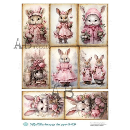 Handcrafted, Laser Cut MDF, Shabby Chic, Decoupage, Mixed Media, Pink Heart Ornament Set of 7, Vintage Style, Bunnies, Bunny Ornament Set 7 Handmade by Pamela