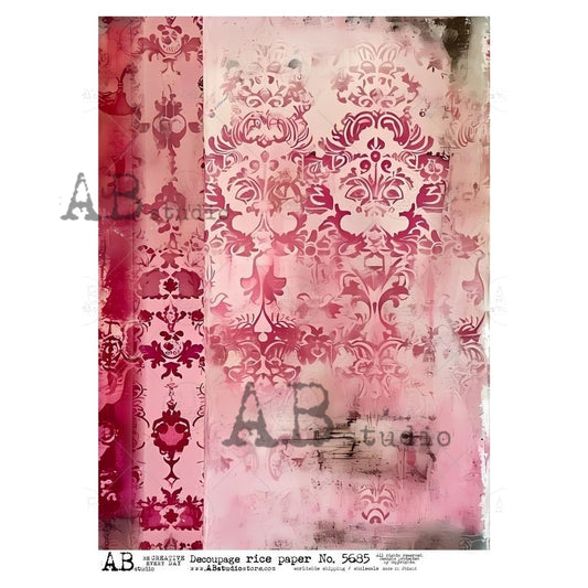 AB Studio, Rice Paper, Vintage Style, Pink, Damask, Wallpaper, Background, Shabby Chic, ID-5685 A4 8.27 x 11.69, Mixed Media, Decoupage