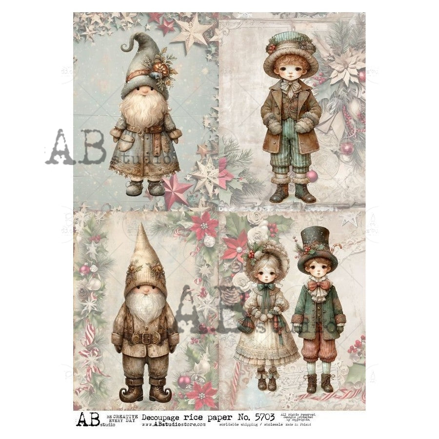 AB Studio, Rice Paper, Christmas, Vintage Style Children, Gnomes, Elves, 4 Squares, ID-5703 A4 8.27 x11.69, Mixed Media, Decoupage