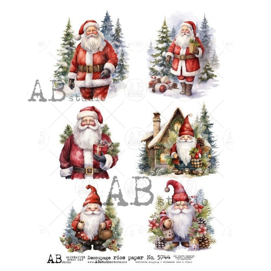 AB Studio, Rice Paper, Christmas, Santa, Elves, Winter Tree, Ornaments, A4, 8.27 x 11.69, Mixed Media, Decoupage, Imported Poland ID-5744
