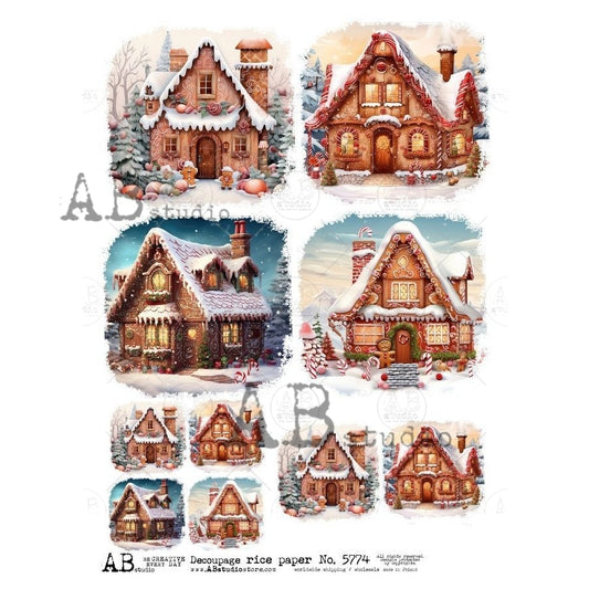 AB Studio, Rice Paper, Christmas, Ginger Bread Houses, Squares, A4, 8.27 x 11.69, Mixed Media, Decoupage, Imported Poland ID-5774