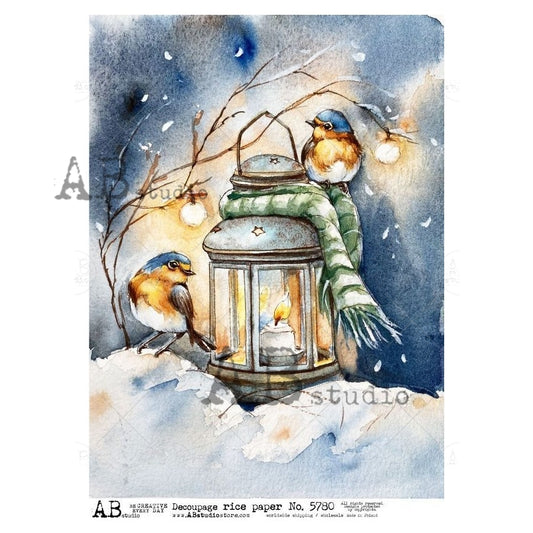 AB Studio, Rice Paper, Christmas, Lantern, Birds, Winter, Snow Scene, A4, 8.27 x 11.69, Mixed Media, Decoupage, Imported Poland ID-5780