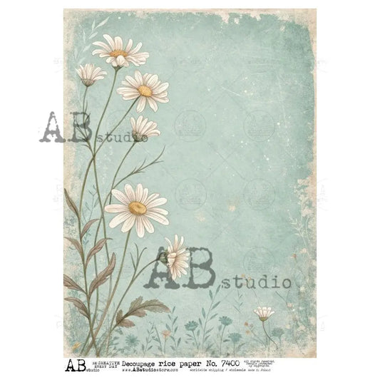 AB Studio, Rice Paper, White Daisies, Flowers, Blue, Background, Shabby Chic, A4 8.27 x11.6, Mixed Media, Decoupage, 7400 AB Studio