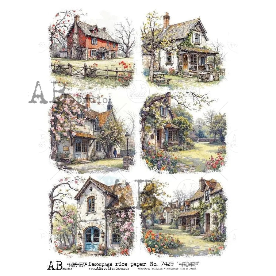 AB Studio, Rice Paper, Country, Cottages, Houses, Squares, A4 8.27 x11.6, Mixed Media, Decoupage, 7429 AB Studio