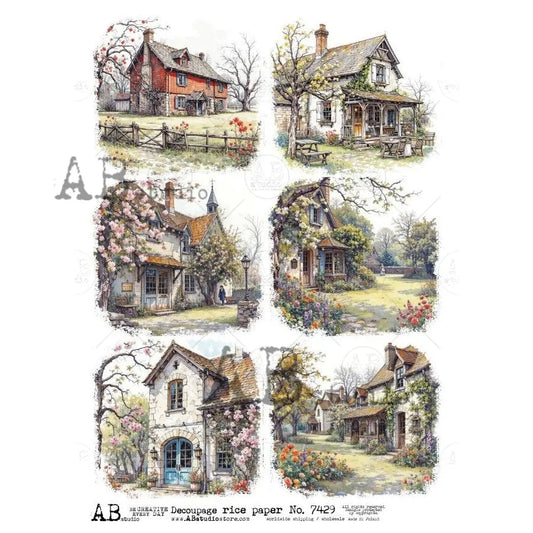 AB Studio, Rice Paper, Country, Cottages, Houses, Squares, A4 8.27 x11.6, Mixed Media, Decoupage, 7429 AB Studio