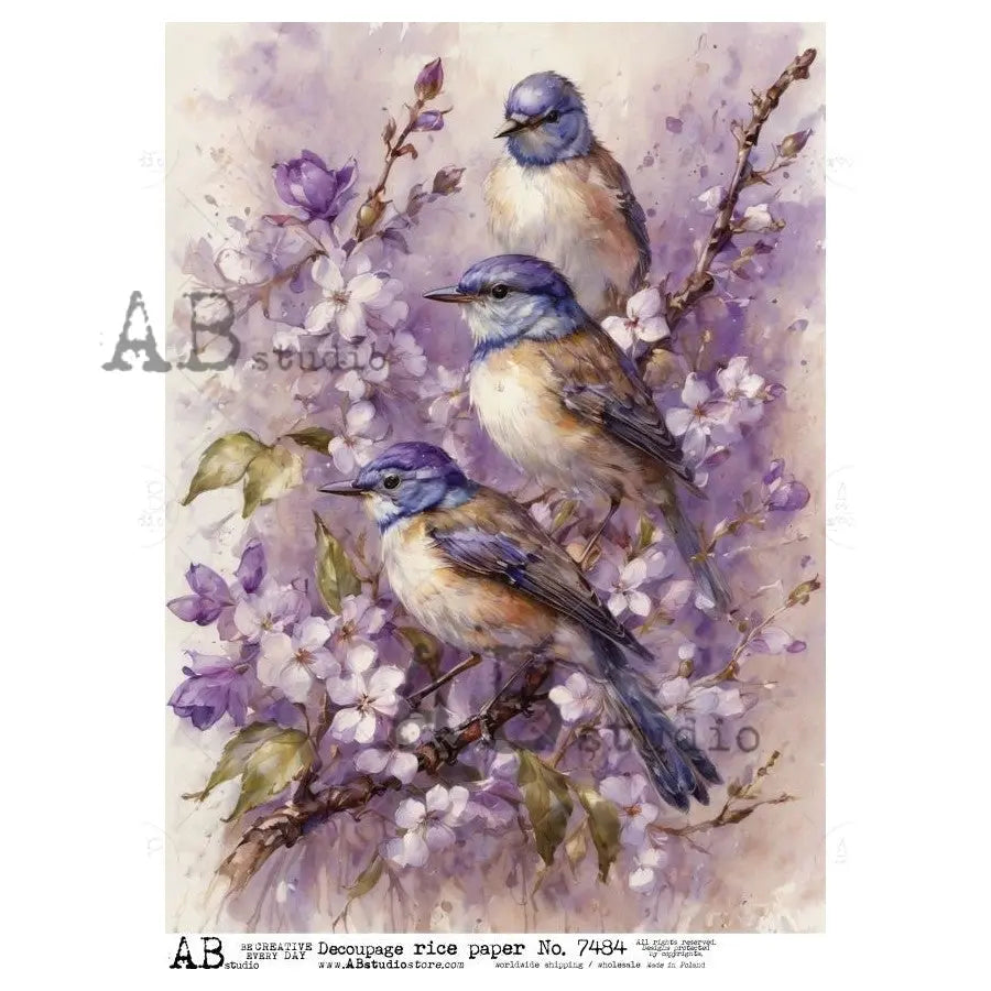 AB Studio, Rice Paper, Blue Birds, Purple Flowers, Shabby Chic, A4 8.27 x11.6, Mixed Media, Decoupage, 7484 AB Studio