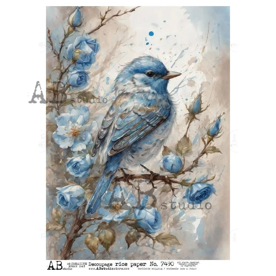 AB Studio, Rice Paper, Blue Birds, Blue Roses, Flowers, Shabby Chic, A4 8.27 x11.6, Mixed Media, Decoupage, 7490 AB Studio