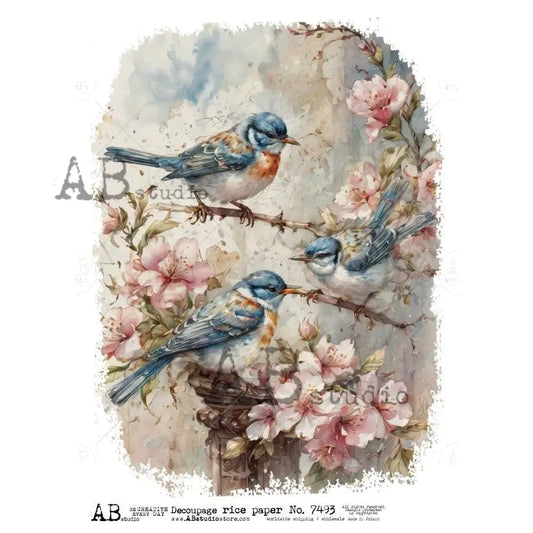 AB Studio, Rice Paper, Blue Birds, Pink Flowers, Shabby Chic, A4 8.27 x11.6, Mixed Media, Decoupage, 7493 AB Studio