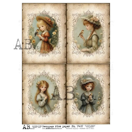 AB Studio, Rice Paper, Vintage Style, Girls, Birds, Flowers, Squares, Shabby Chic, A4 8.27 x11.6, Mixed Media, Decoupage, 7497 AB Studio