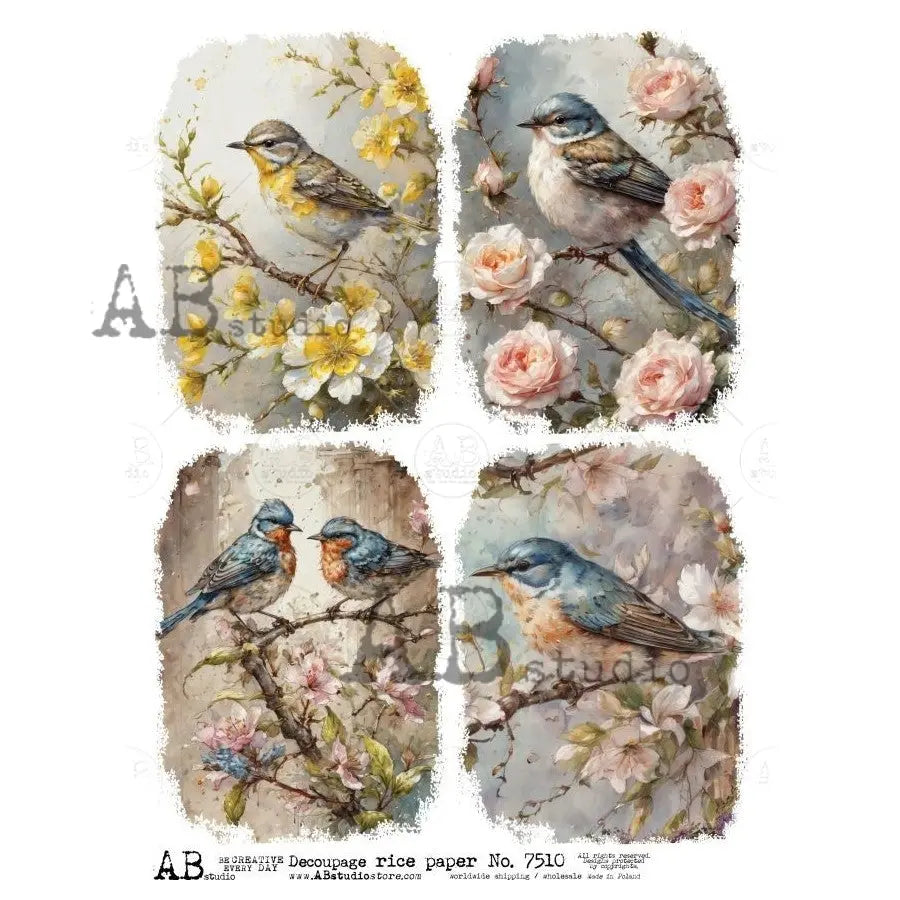 AB Studio, Rice Paper, Blue Birds, Flowers, Squares, Shabby Chic, A4 8.27 x11.6, Mixed Media, Decoupage, 7510 AB Studio