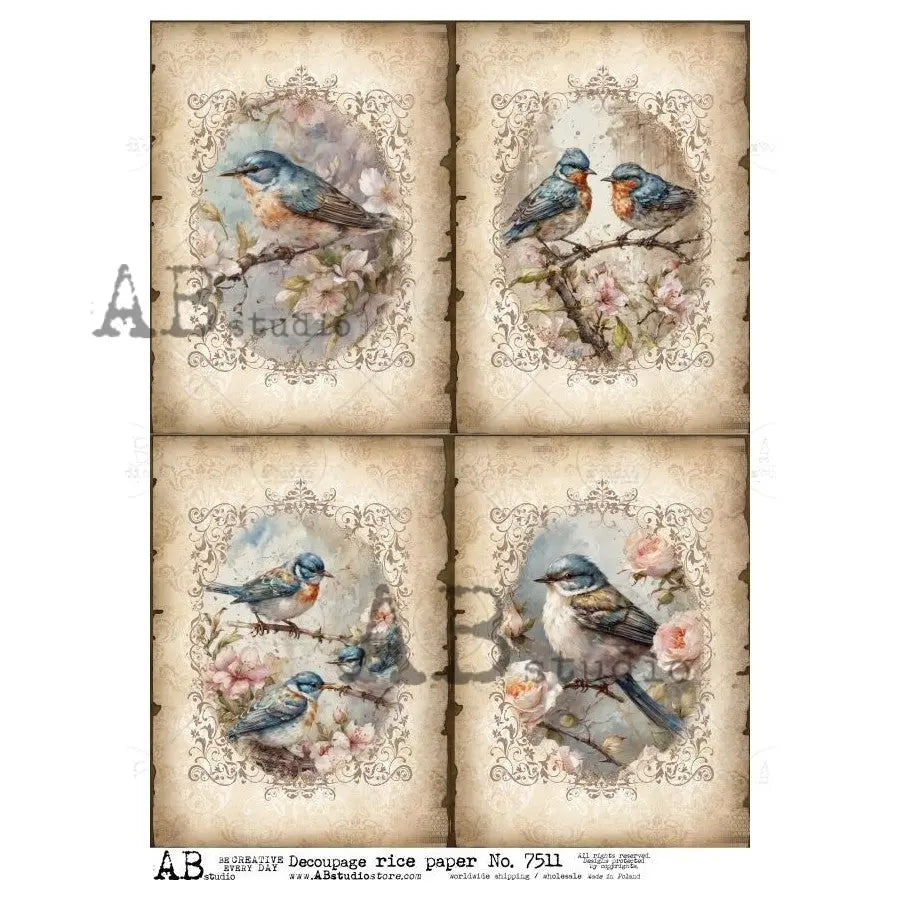 AB Studio, Rice Paper, Vintage Style, Blue Birds, Flowers, Squares, Shabby Chic, A4 8.27 x11.6, Mixed Media, Decoupage, 7511 AB Studio