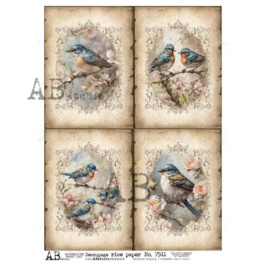 AB Studio, Rice Paper, Vintage Style, Blue Birds, Flowers, Squares, Shabby Chic, A4 8.27 x11.6, Mixed Media, Decoupage, 7511 AB Studio