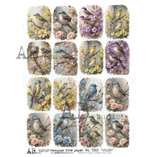 AB Studio, Rice Paper, Blue Birds, Flowers, Squares, Shabby Chic, A4 8.27 x11.6, Mixed Media, Decoupage, 7515 AB Studio