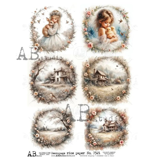 AB Studio, Rice Paper, Spring Ornament Rounds, Floral wreaths, Girls, Bunnies, Shabby Chic, A4 8.27 x11.6, Mixed Media, Decoupage, 7521 AB Studio