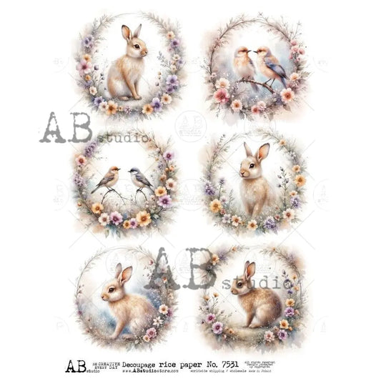 AB Studio, Rice Paper, Spring, Floral Wreath Rounds, Bunnies, Rabbits, Shabby Chic, A4 8.27 x11.6, Mixed Media, Decoupage, 7531 AB Studio