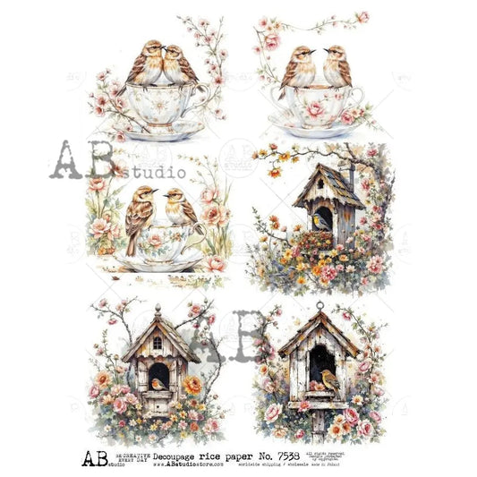 AB Studio, Rice Paper, Spring, Bird Houses, Birds, Squares, Shabby Chic, A4 8.27 x11.6, Mixed Media, Decoupage, 7538 AB Studio