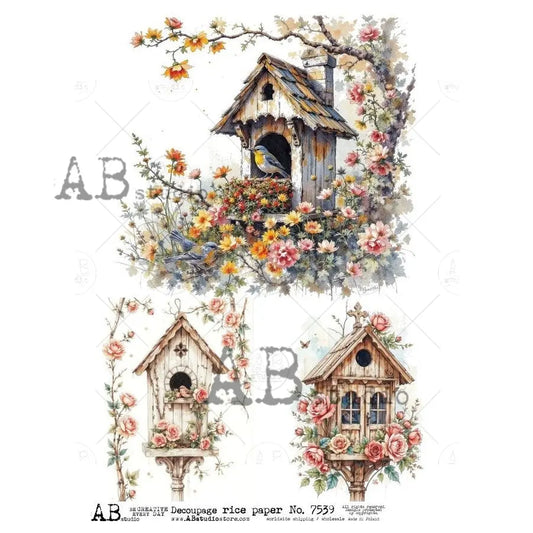 AB Studio, Rice Paper, Spring, Bird Houses, Birds, Flowers, Shabby Chic, A4 8.27 x11.6, Mixed Media, Decoupage, 7539 AB Studio