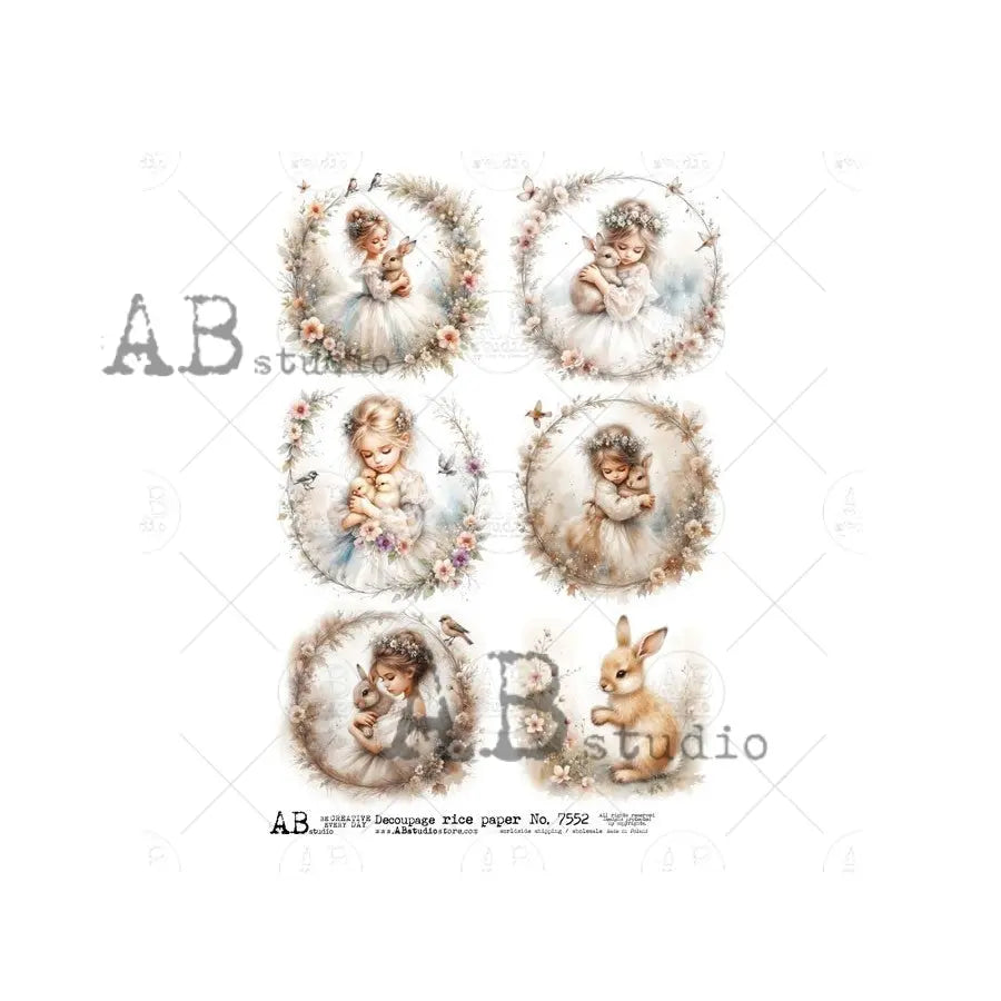 AB Studio Rice Paper, Spring Floral Wreaths Rounds with Girls, Bunnies, Mixed Media, Decoupage AB Studio