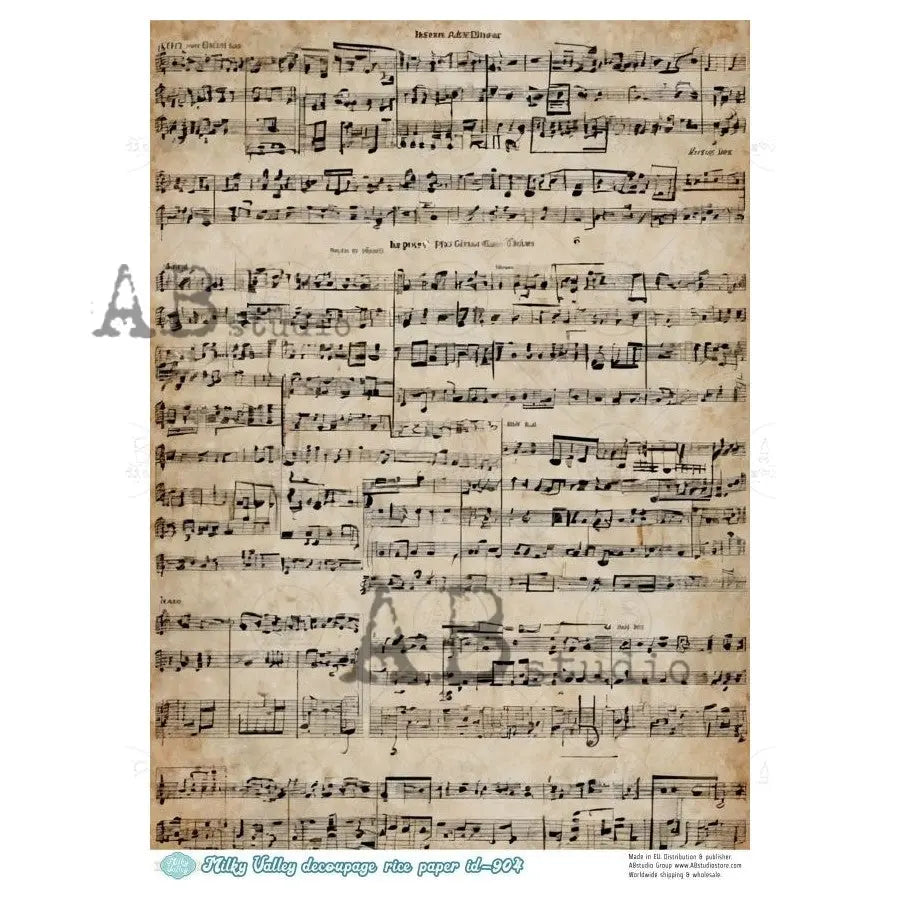 AB Studio, Vintage Style, Music Notes, Sheet, Antique, Milky Valley, ID-904, Background, A4 8.27 X 11.69, Rice Paper, Decoupage, Mixed Media AB Studio