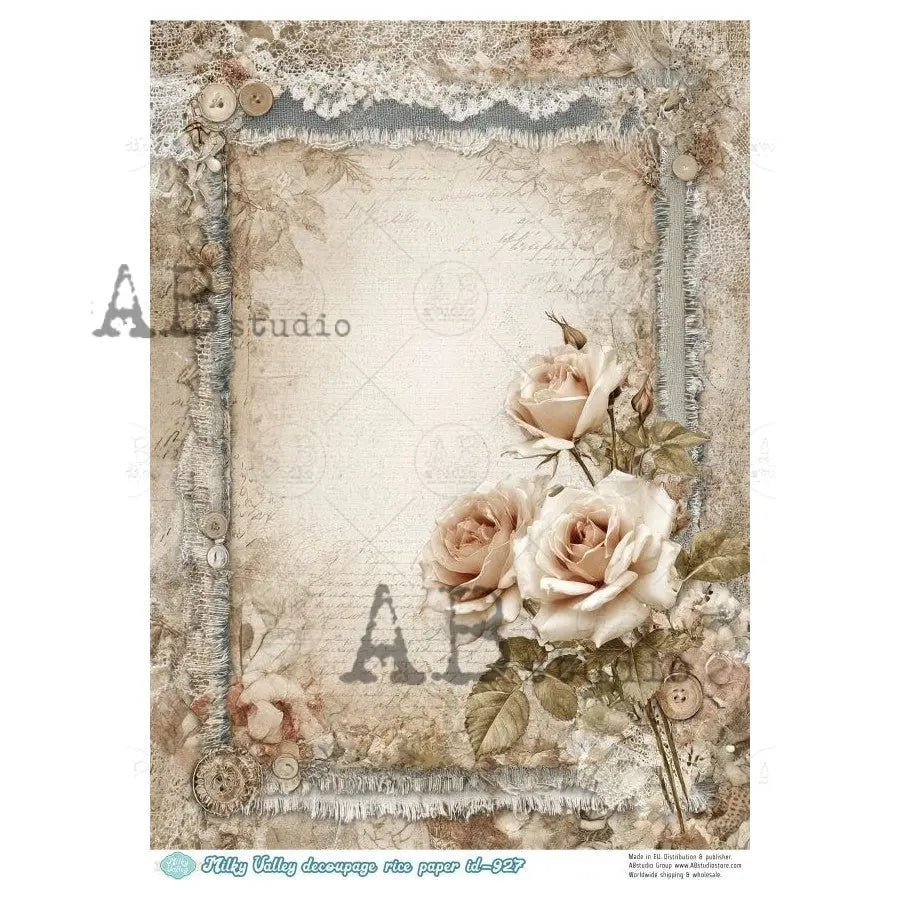 AB Studio, Rice Paper, Vintage Style, Roses, Lace, Background, Shabby Chic, Milky Valley, ID-927, A4 8.27 X 11.69, Decoupage, Mixed Media AB Studio