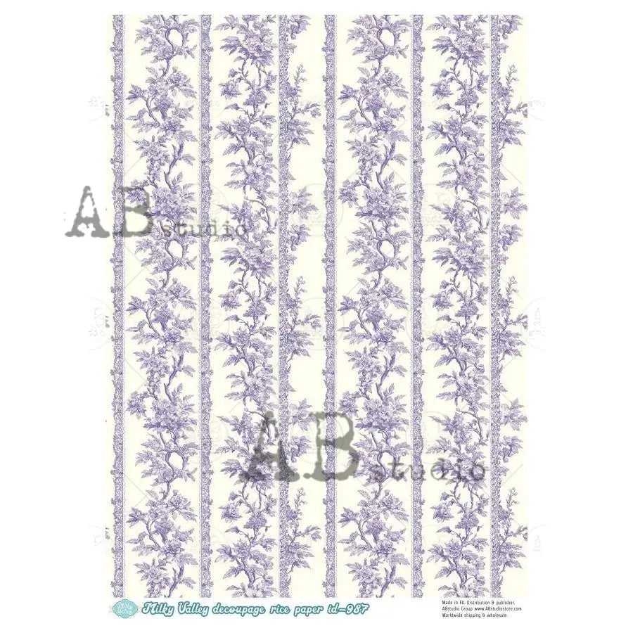 AB Studio, Vintage Style, Blue, White, Flowers, Milky Valley, ID-987, Background, A4 8.27 X 11.69, Rice Paper, Decoupage, Mixed Media AB Studio