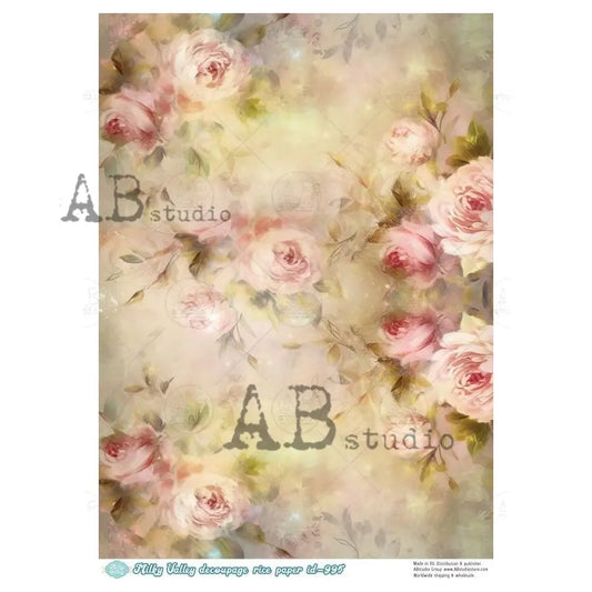 AB Studio, Rice Paper, Vintage Style, Pink Roses, Background, Shabby Chic, Milky Valley, ID-995, A4 8.27 X 11.69, Decoupage, Mixed Media AB Studio