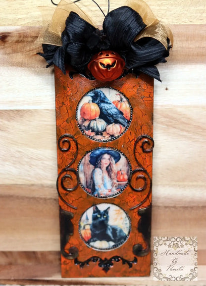 Handcrafted, Shabby Chic, Mixed Media, Decoupage, Halloween Decoration, Plaque, Fall, Witch, Black Cat, Pumpkins, Wall Art, Laser Cut MDF Handmade by Pamela
