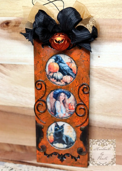 Handcrafted, Shabby Chic, Mixed Media, Decoupage, Halloween Decoration, Plaque, Fall, Witch, Black Cat, Pumpkins, Wall Art, Laser Cut MDF Handmade by Pamela