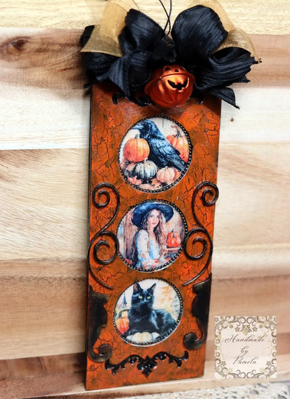 Handcrafted, Shabby Chic, Mixed Media, Decoupage, Halloween Decoration, Plaque, Fall, Witch, Black Cat, Pumpkins, Wall Art, Laser Cut MDF Handmade by Pamela