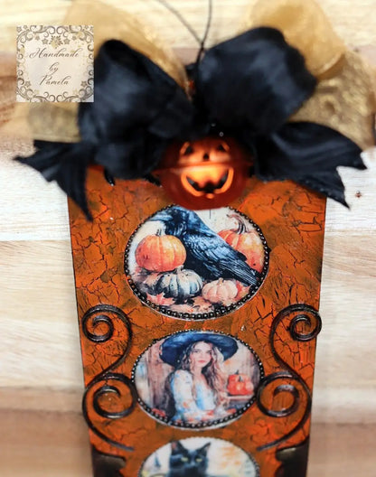 Handcrafted, Shabby Chic, Mixed Media, Decoupage, Halloween Decoration, Plaque, Fall, Witch, Black Cat, Pumpkins, Wall Art, Laser Cut MDF Handmade by Pamela