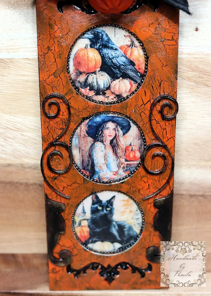 Handcrafted, Shabby Chic, Mixed Media, Decoupage, Halloween Decoration, Plaque, Fall, Witch, Black Cat, Pumpkins, Wall Art, Laser Cut MDF Handmade by Pamela