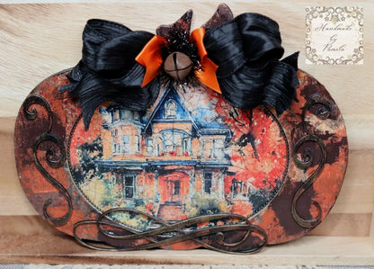 Handcrafted, Shabby Chic, Mixed Media, Decoupage, Pumpkin, Plaque, Haunted House, Halloween, Fall, Decoration, Laser Cut MDF Handmade by Pamela