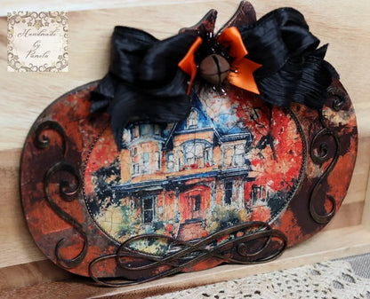 Handcrafted, Shabby Chic, Mixed Media, Decoupage, Pumpkin, Plaque, Haunted House, Halloween, Fall, Decoration, Laser Cut MDF Handmade by Pamela