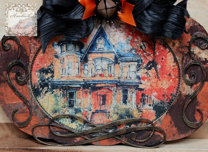 Handcrafted, Shabby Chic, Mixed Media, Decoupage, Pumpkin, Plaque, Haunted House, Halloween, Fall, Decoration, Laser Cut MDF Handmade by Pamela