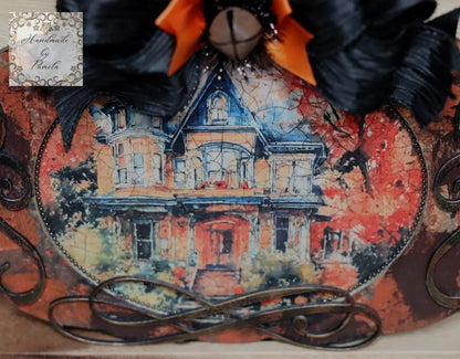 Handcrafted, Shabby Chic, Mixed Media, Decoupage, Pumpkin, Plaque, Haunted House, Halloween, Fall, Decoration, Laser Cut MDF Handmade by Pamela