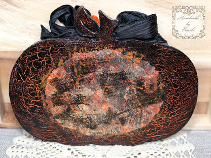 Handcrafted, Shabby Chic, Mixed Media, Decoupage, Pumpkin, Plaque, Haunted House, Halloween, Fall, Decoration, Laser Cut MDF Handmade by Pamela