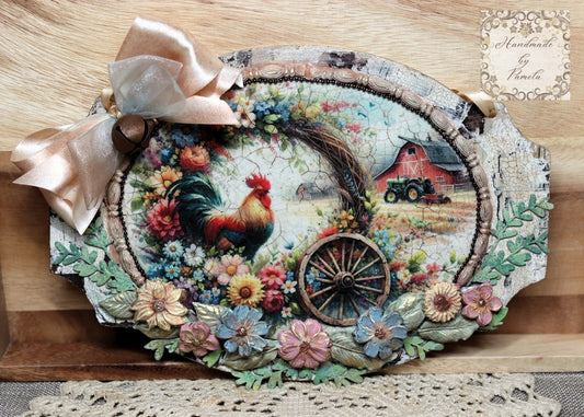Handcrafted, Decoupage, Mixed Media, MDF Plaque, Wall Art, Rooster, Barn, Tractor, Floral Wreath, Country, Rustic, Shabby Chic, Home Decor