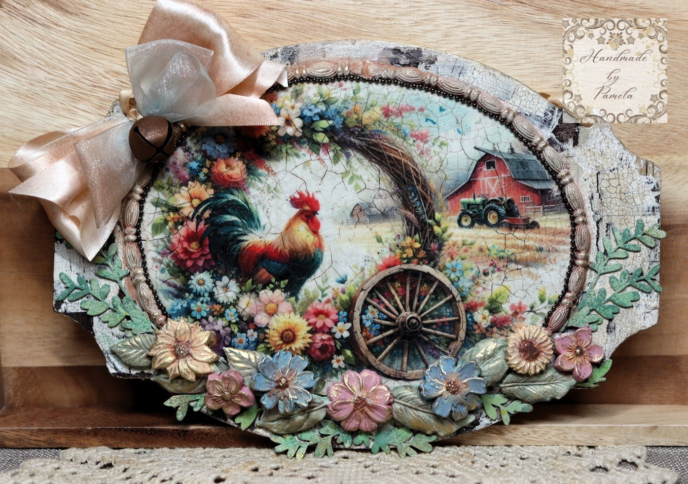 Handcrafted, Decoupage, Mixed Media, MDF Plaque, Wall Art, Rooster, Barn, Tractor, Floral Wreath, Country, Rustic, Shabby Chic, Home Decor