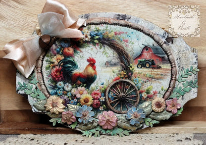 Handcrafted, Decoupage, Mixed Media, MDF Plaque, Wall Art, Rooster, Barn, Tractor, Floral Wreath, Country, Rustic, Shabby Chic, Home Decor Handmade by Pamela