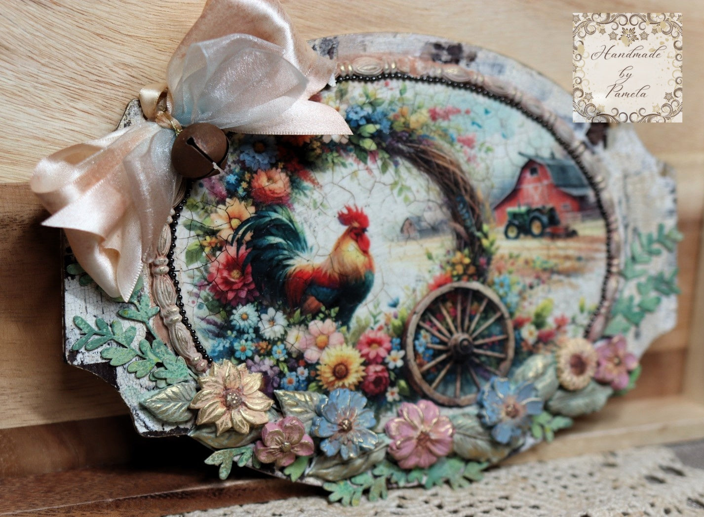 Handcrafted, Decoupage, Mixed Media, MDF Plaque, Wall Art, Rooster, Barn, Tractor, Floral Wreath, Country, Rustic, Shabby Chic, Home Decor